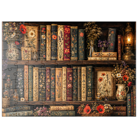 Darstellung des Puzzle Motivs Regal im Vintage-Stil mit literarischen Wildblumen - Puzzleteile: 100