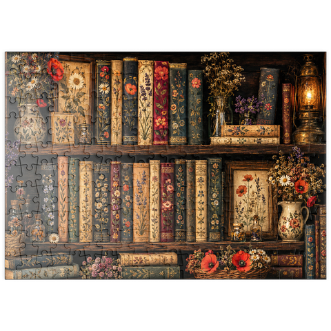 Darstellung des Puzzle Motivs Regal im Vintage-Stil mit literarischen Wildblumen puzzleplate Vintage Literary Wildflower Shelf 200 Puzzle