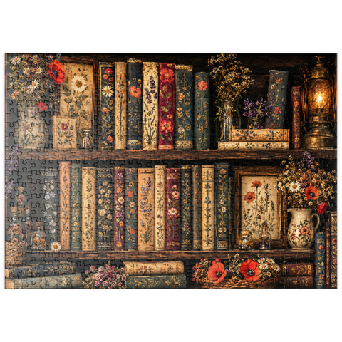 Darstellung des Puzzle Motivs Regal im Vintage-Stil mit literarischen Wildblumen puzzleplate Vintage Literary Wildflower Shelf 500 Puzzle