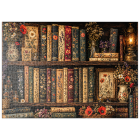 Darstellung des Puzzle Motivs Regal im Vintage-Stil mit literarischen Wildblumen - Puzzleteile: 500