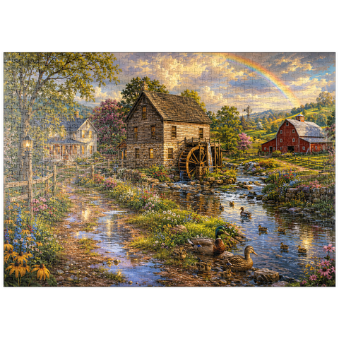 Darstellung des Puzzle Motivs Eine alte Mühle auf dem Land nach dem Regen puzzleplate Vintage Farmhouse Mill After the Rain 1000 Puzzle