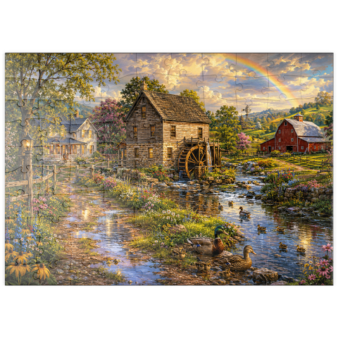 Darstellung des Puzzle Motivs Eine alte Mühle auf dem Land nach dem Regen puzzleplate Vintage Farmhouse Mill After the Rain 100 Puzzle