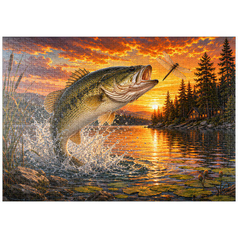 Darstellung des Puzzle Motivs Bassangeln bei Sonnenuntergang puzzleplate Sunset Bass Fishing Splash 1000 Puzzle