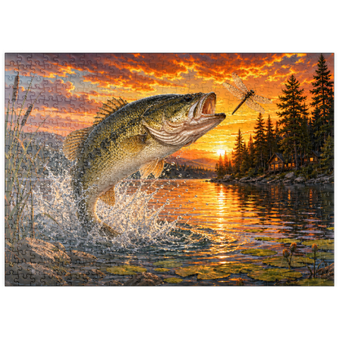 Darstellung des Puzzle Motivs Bassangeln bei Sonnenuntergang puzzleplate Sunset Bass Fishing Splash 500 Puzzle