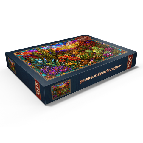 Darstellung des Puzzle Motivs Buntglas-Kaktus „Wüstenblüte“ Stained Glass Cactus Desert Bloom 1000 Puzzle Schachtel Ansicht1