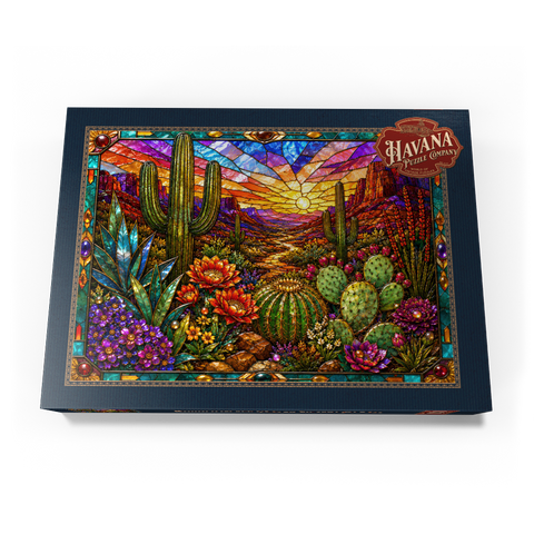 Darstellung des Puzzle Motivs Buntglas-Kaktus „Wüstenblüte“ Stained Glass Cactus Desert Bloom 1000 Puzzle Schachtel Ansicht3
