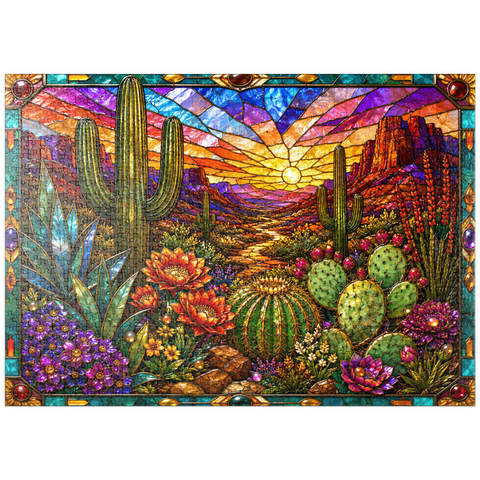 Darstellung des Puzzle Motivs Buntglas-Kaktus „Wüstenblüte“ puzzleplate Stained Glass Cactus Desert Bloom 1000 Puzzle