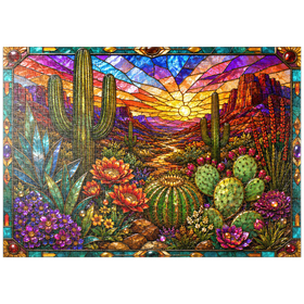 Darstellung des Puzzle Motivs Buntglas-Kaktus „Wüstenblüte“ - Puzzleteile: 1000