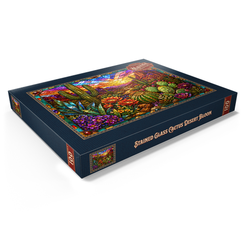 Darstellung des Puzzle Motivs Buntglas-Kaktus „Wüstenblüte“ Stained Glass Cactus Desert Bloom 100 Puzzle Schachtel Ansicht1