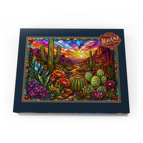 Darstellung des Puzzle Motivs Buntglas-Kaktus „Wüstenblüte“ Stained Glass Cactus Desert Bloom 200 Puzzle Schachtel Ansicht3