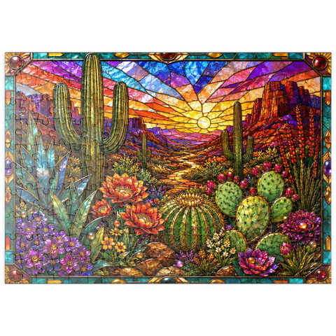 Darstellung des Puzzle Motivs Buntglas-Kaktus „Wüstenblüte“ puzzleplate Stained Glass Cactus Desert Bloom 200 Puzzle