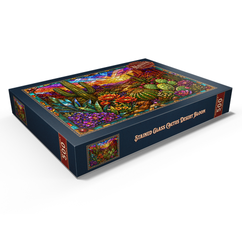 Darstellung des Puzzle Motivs Buntglas-Kaktus „Wüstenblüte“ Stained Glass Cactus Desert Bloom 500 Puzzle Schachtel Ansicht1