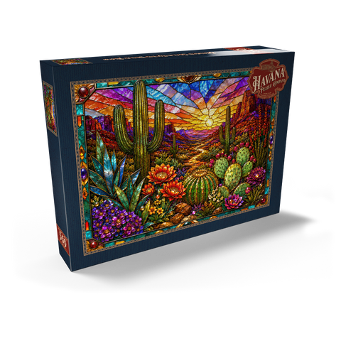 Darstellung des Puzzle Motivs Buntglas-Kaktus „Wüstenblüte“ Stained Glass Cactus Desert Bloom 500 Puzzle Schachtel Ansicht2
