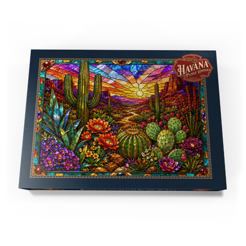 Darstellung des Puzzle Motivs Buntglas-Kaktus „Wüstenblüte“ Stained Glass Cactus Desert Bloom 500 Puzzle Schachtel Ansicht3