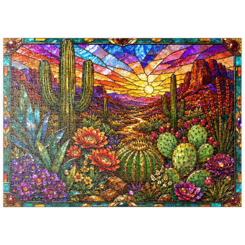 Darstellung des Puzzle Motivs Buntglas-Kaktus „Wüstenblüte“ puzzleplate Stained Glass Cactus Desert Bloom 500 Puzzle