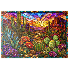 Darstellung des Puzzle Motivs Buntglas-Kaktus „Wüstenblüte“ - Puzzleteile: 500