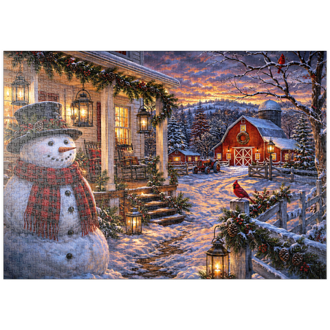 Darstellung des Puzzle Motivs Schneemann-Bauernhaus-Laternenabend puzzleplate Snowman Farmhouse Lantern Night 1000 Puzzle