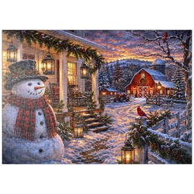 Darstellung des Puzzle Motivs Schneemann-Bauernhaus-Laternenabend - Puzzleteile: 1000