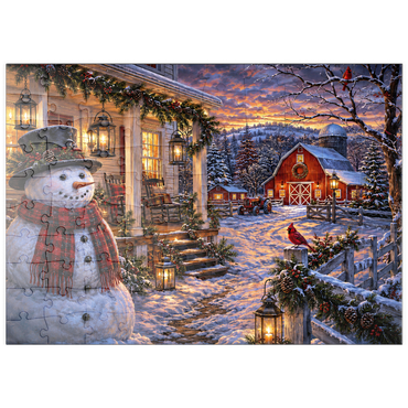 Darstellung des Puzzle Motivs puzzleplate Snowman Farmhouse Lantern Night 100 Puzzle