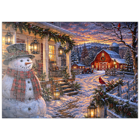 Darstellung des Puzzle Motivs Schneemann-Bauernhaus-Laternenabend - Puzzleteile: 100
