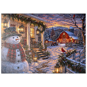 Darstellung des Puzzle Motivs Schneemann-Bauernhaus-Laternenabend - Puzzleteile: 200