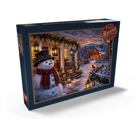 Darstellung des Puzzle Motivs Schneemann-Bauernhaus-Laternenabend Snowman Farmhouse Lantern Night 500 Puzzle Schachtel Ansicht2
