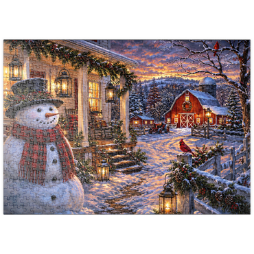 Darstellung des Puzzle Motivs puzzleplate Snowman Farmhouse Lantern Night 500 Puzzle