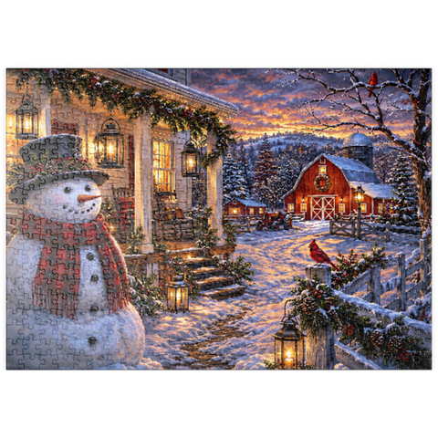 Darstellung des Puzzle Motivs Schneemann-Bauernhaus-Laternenabend puzzleplate Snowman Farmhouse Lantern Night 500 Puzzle
