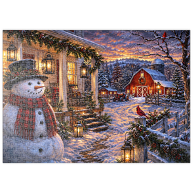 Darstellung des Puzzle Motivs Schneemann-Bauernhaus-Laternenabend - Puzzleteile: 500