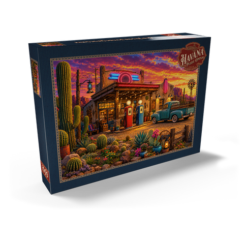 Darstellung des Puzzle Motivs Garten mit Kakteen an der alten Tankstelle Old Filling Station Cactus Garden 1000 Puzzle Schachtel Ansicht2