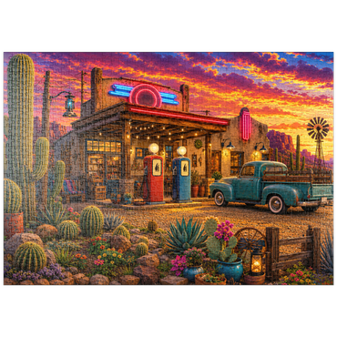 Darstellung des Puzzle Motivs puzzleplate Old Filling Station Cactus Garden 1000 Puzzle