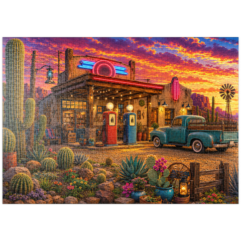 Darstellung des Puzzle Motivs Garten mit Kakteen an der alten Tankstelle puzzleplate Old Filling Station Cactus Garden 1000 Puzzle