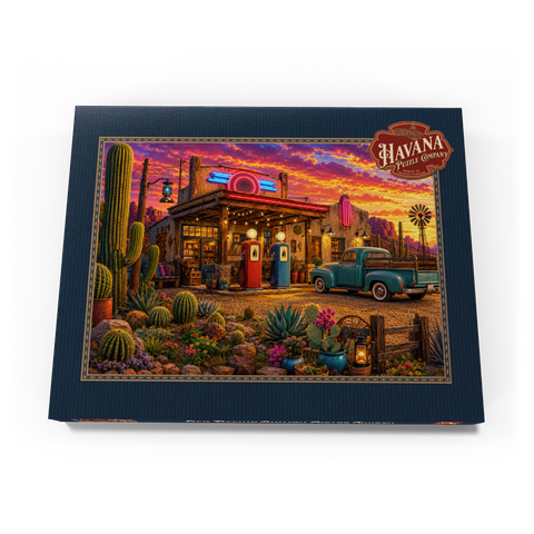 Darstellung des Puzzle Motivs Garten mit Kakteen an der alten Tankstelle Old Filling Station Cactus Garden 100 Puzzle Schachtel Ansicht3