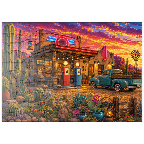 Darstellung des Puzzle Motivs Garten mit Kakteen an der alten Tankstelle puzzleplate Old Filling Station Cactus Garden 100 Puzzle