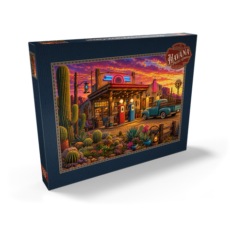 Darstellung des Puzzle Motivs Garten mit Kakteen an der alten Tankstelle Old Filling Station Cactus Garden 200 Puzzle Schachtel Ansicht2