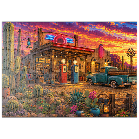 Darstellung des Puzzle Motivs Garten mit Kakteen an der alten Tankstelle puzzleplate Old Filling Station Cactus Garden 200 Puzzle
