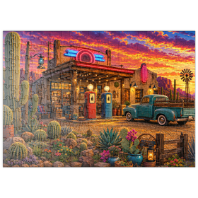 Darstellung des Puzzle Motivs Garten mit Kakteen an der alten Tankstelle - Puzzleteile: 200