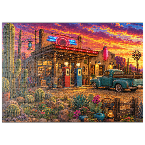 Darstellung des Puzzle Motivs Garten mit Kakteen an der alten Tankstelle puzzleplate Old Filling Station Cactus Garden 500 Puzzle