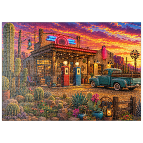 Darstellung des Puzzle Motivs Garten mit Kakteen an der alten Tankstelle - Puzzleteile: 500