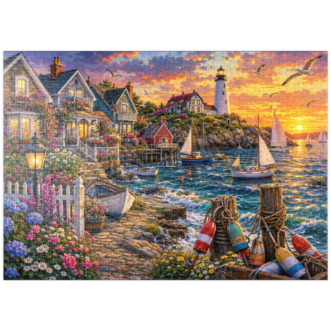 Darstellung des Puzzle Motivs Leuchtturm von New England in Flower Harbor puzzleplate New England Lighthouse Flower Harbor 1000 Puzzle