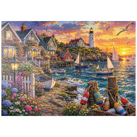 Darstellung des Puzzle Motivs Leuchtturm von New England in Flower Harbor - Puzzleteile: 1000