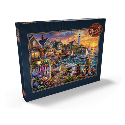 Darstellung des Puzzle Motivs Leuchtturm von New England in Flower Harbor New England Lighthouse Flower Harbor 100 Puzzle Schachtel Ansicht2