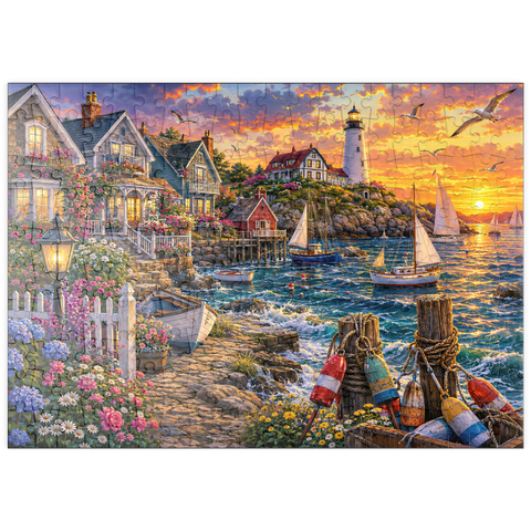 Darstellung des Puzzle Motivs Leuchtturm von New England in Flower Harbor puzzleplate New England Lighthouse Flower Harbor 200 Puzzle