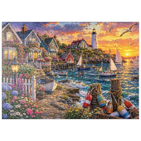 Darstellung des Puzzle Motivs Leuchtturm von New England in Flower Harbor puzzleplate New England Lighthouse Flower Harbor 500 Puzzle