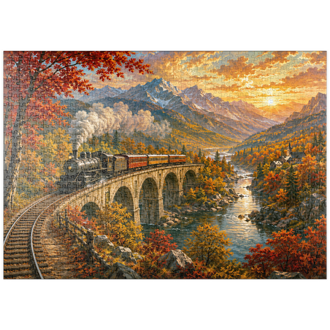 Darstellung des Puzzle Motivs Bergbahn durch das herbstliche Tal puzzleplate Mountain Train Through Autumn Valley 1000 Puzzle