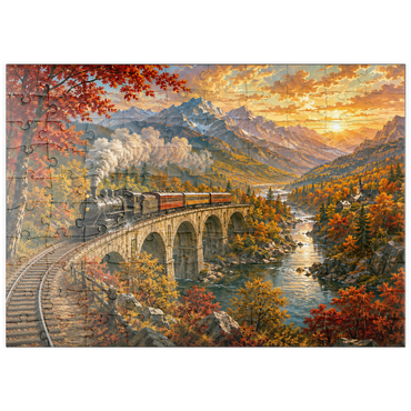 Darstellung des Puzzle Motivs puzzleplate Mountain Train Through Autumn Valley 100 Puzzle