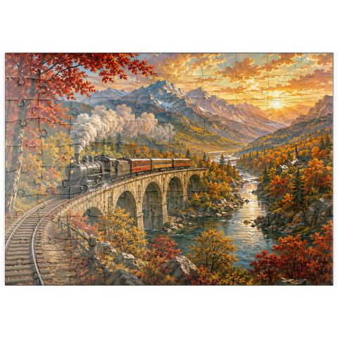 Darstellung des Puzzle Motivs Bergbahn durch das herbstliche Tal puzzleplate Mountain Train Through Autumn Valley 100 Puzzle