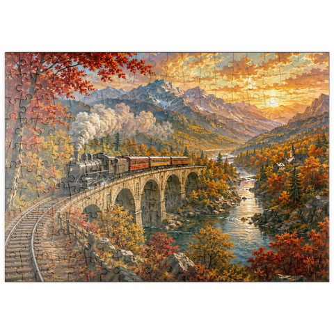 Darstellung des Puzzle Motivs Bergbahn durch das herbstliche Tal puzzleplate Mountain Train Through Autumn Valley 200 Puzzle