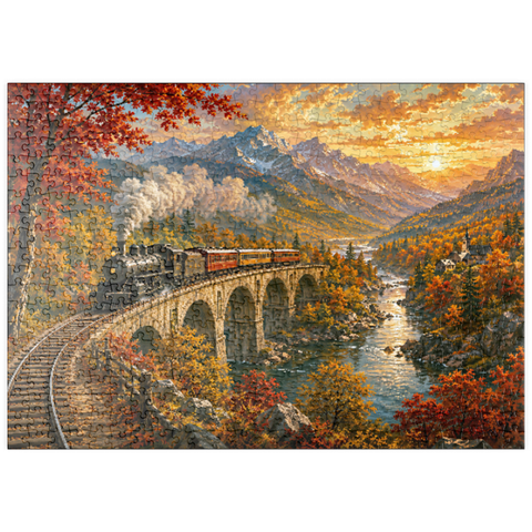 Darstellung des Puzzle Motivs Bergbahn durch das herbstliche Tal puzzleplate Mountain Train Through Autumn Valley 500 Puzzle