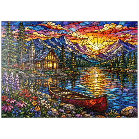 Darstellung des Puzzle Motivs Mosaic Mountain Cabin Lake puzzleplate Mosaic Mountain Cabin Lake 1000 Puzzle